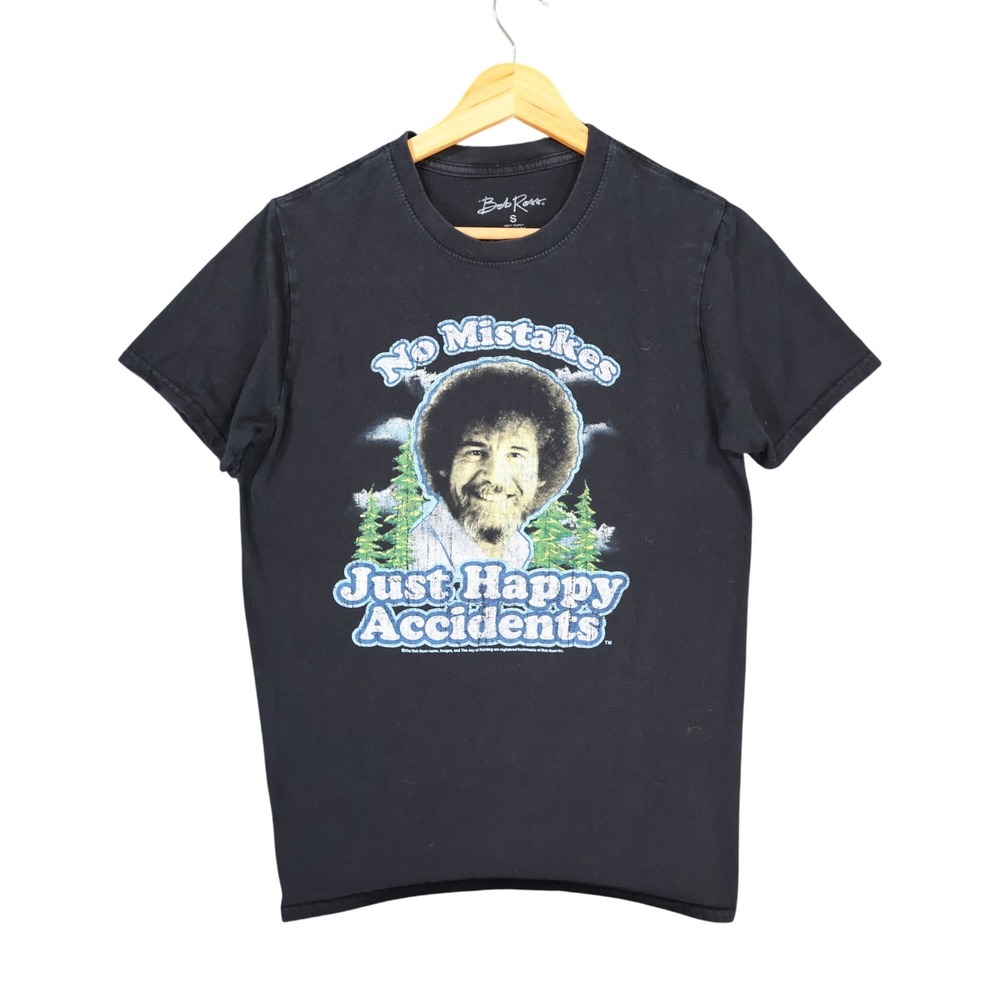 Bob Ross Graphic T-Shirt Mens Small Black Cotton Happy Accidents Tee